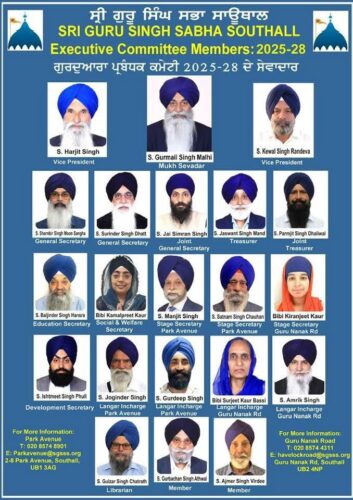 Announcement of Sri Guru Singh Sabha Southall’s New Management Committee 2025–28, New Sevadars Appointed
