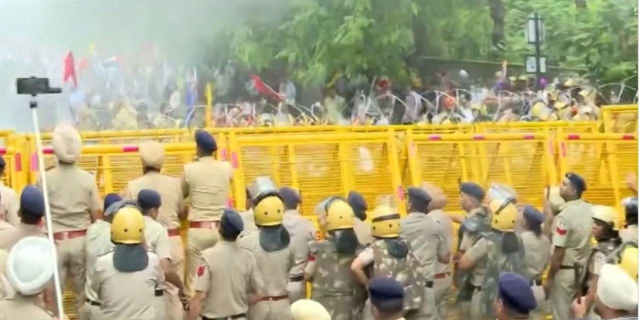 Punjab government employees hold a grand rally in Chandigarh, police use water cannons