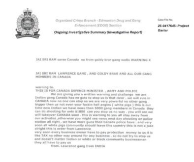 Lawrence Bishnoi Gang Canada | Threat Letter