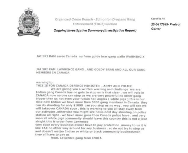 Lawrence Bishnoi Gang Canada | Threat Letter